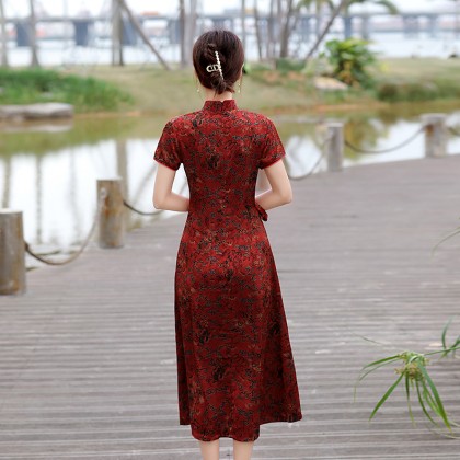 Hangzhou Vintage Faux Silk Red Cheongsam Dress 3045-28 Hangzhou Vintage Faux Silk Red Cheongsam Dress 3045-28