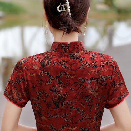Hangzhou Vintage Faux Silk Red Cheongsam Dress 3045-28 Hangzhou Vintage Faux Silk Red Cheongsam Dress 3045-28
