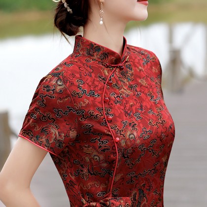 Hangzhou Vintage Faux Silk Red Cheongsam Dress 3045-28 Hangzhou Vintage Faux Silk Red Cheongsam Dress 3045-28