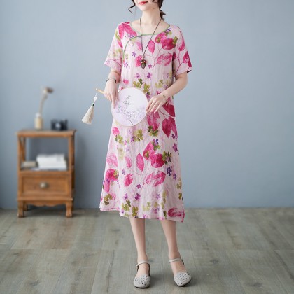 3046-27 Retro (Thin) Linen-Cotton Print Crimson Midi Cheongsam Dress 3046-27 Retro (Thin) Linen-Cotton Print Crimson Midi Cheongsam Dress