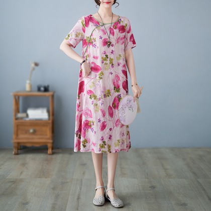 3046-27 Retro (Thin) Linen-Cotton Print Crimson Midi Cheongsam Dress 3046-27 Retro (Thin) Linen-Cotton Print Crimson Midi Cheongsam Dress