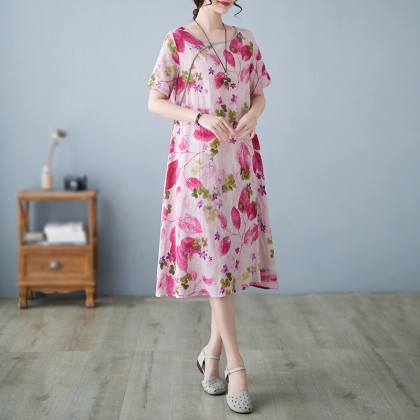 3046-27 Retro (Thin) Linen-Cotton Print Crimson Midi Cheongsam Dress 3046-27 Retro (Thin) Linen-Cotton Print Crimson Midi Cheongsam Dress