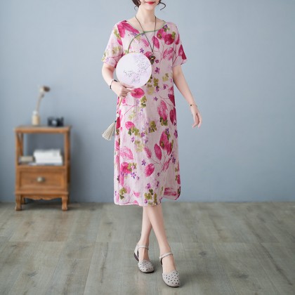 3046-27 Retro (Thin) Linen-Cotton Print Crimson Midi Cheongsam Dress 3046-27 Retro (Thin) Linen-Cotton Print Crimson Midi Cheongsam Dress