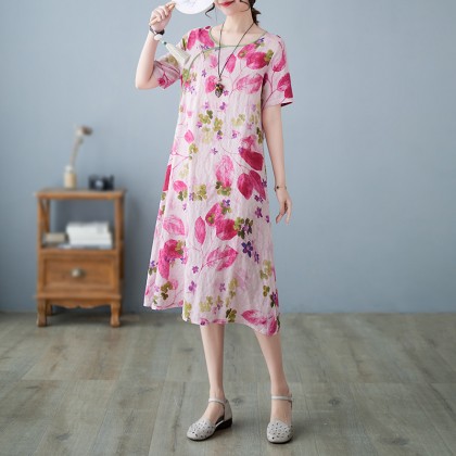 3046-27 Retro (Thin) Linen-Cotton Print Crimson Midi Cheongsam Dress 3046-27 Retro (Thin) Linen-Cotton Print Crimson Midi Cheongsam Dress