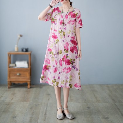 3046-27 Retro (Thin) Linen-Cotton Print Crimson Midi Cheongsam Dress 3046-27 Retro (Thin) Linen-Cotton Print Crimson Midi Cheongsam Dress