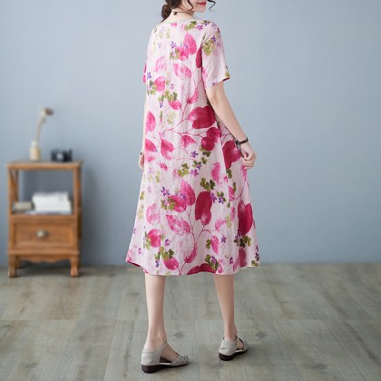 3046-27 Retro (Thin) Linen-Cotton Print Crimson Midi Cheongsam Dress 3046-27 Retro (Thin) Linen-Cotton Print Crimson Midi Cheongsam Dress