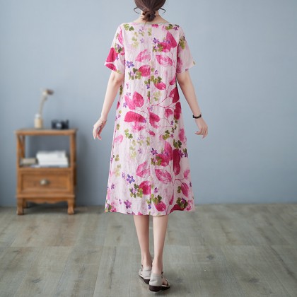 3046-27 Retro (Thin) Linen-Cotton Print Crimson Midi Cheongsam Dress 3046-27 Retro (Thin) Linen-Cotton Print Crimson Midi Cheongsam Dress