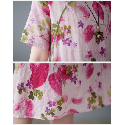 3046-27 Retro (Thin) Linen-Cotton Print Crimson Midi Cheongsam Dress 3046-27 Retro (Thin) Linen-Cotton Print Crimson Midi Cheongsam Dress