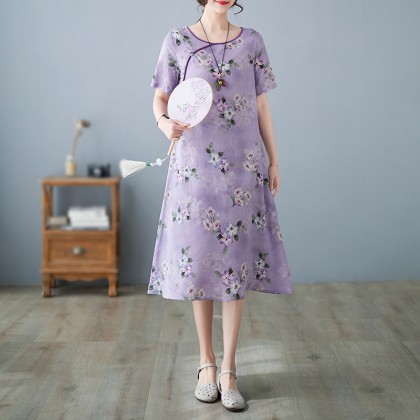 3046-82 Retro (Thin) Linen-Cotton Print Light Purple Midi Cheongsam Dress 