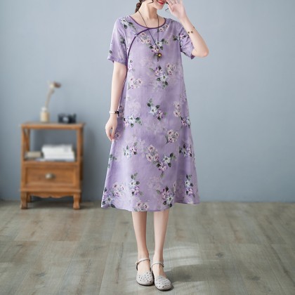 3046-82 Retro (Thin) Linen-Cotton Print Light Purple Midi Cheongsam Dress 