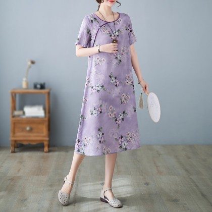 3046-82 Retro (Thin) Linen-Cotton Print Light Purple Midi Cheongsam Dress 