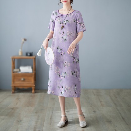 3046-82 Retro (Thin) Linen-Cotton Print Light Purple Midi Cheongsam Dress 