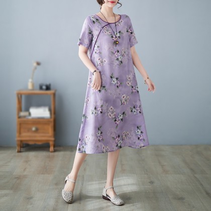 3046-82 Retro (Thin) Linen-Cotton Print Light Purple Midi Cheongsam Dress 