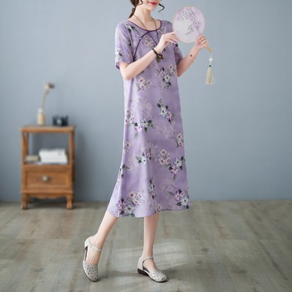 3046-82 Retro (Thin) Linen-Cotton Print Light Purple Midi Cheongsam Dress 