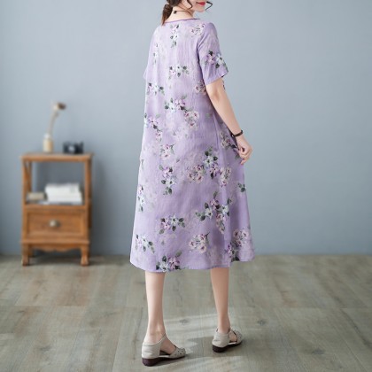 3046-82 Retro (Thin) Linen-Cotton Print Light Purple Midi Cheongsam Dress 