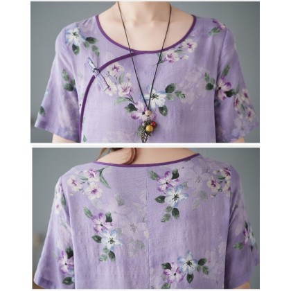 3046-82 Retro (Thin) Linen-Cotton Print Light Purple Midi Cheongsam Dress 