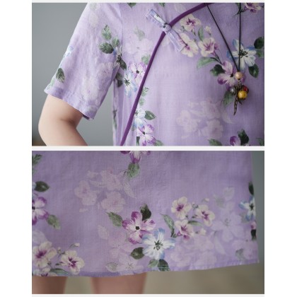 3046-82 Retro (Thin) Linen-Cotton Print Light Purple Midi Cheongsam Dress 