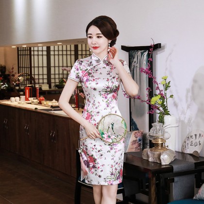 Elegant White Satin Mini Qipao 2412-01 Elegant White Satin Mini Qipao 2412-01