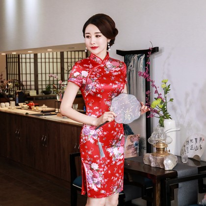Elegant Red Satin Mini Qipao 2412-28 Elegant Red Satin Mini Qipao 2412-28