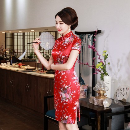 Elegant Red Satin Mini Qipao 2412-28 Elegant Red Satin Mini Qipao 2412-28