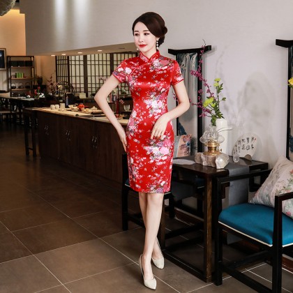 Elegant Red Satin Mini Qipao 2412-28 Elegant Red Satin Mini Qipao 2412-28