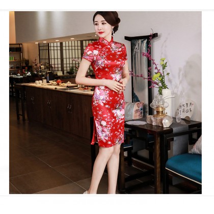 Elegant Red Satin Mini Qipao 2412-28 Elegant Red Satin Mini Qipao 2412-28