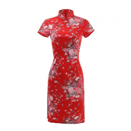 Elegant Red Satin Mini Qipao 2412-28 Elegant Red Satin Mini Qipao 2412-28