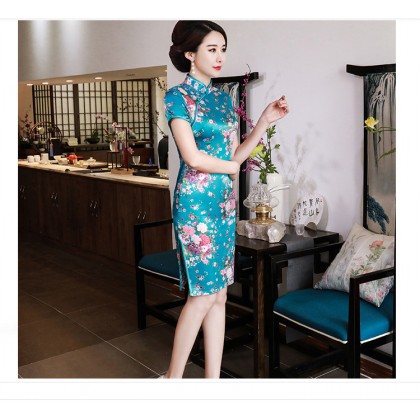 Elegant Turquoise Satin Mini Qipao 2412-74 Elegant Turquoise Satin Mini Qipao 2412-74