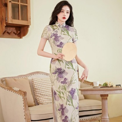 Polyester Satin Off White Vintage Maxi Cheongsam 1045-02 Polyester Satin Off White Vintage Maxi Cheongsam 1045-02