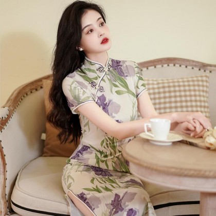 Polyester Satin Off White Vintage Maxi Cheongsam 1045-02 Polyester Satin Off White Vintage Maxi Cheongsam 1045-02