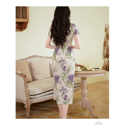 Polyester Satin Off White Vintage Maxi Cheongsam 1045-02 Polyester Satin Off White Vintage Maxi Cheongsam 1045-02