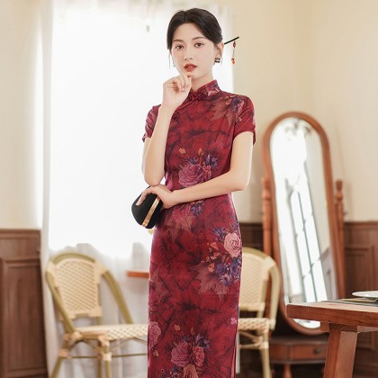 Suzhou Polyester Satin Maroon Vintage Maxi Cheongsam 1046-29