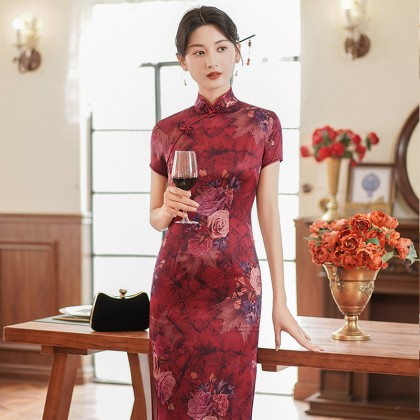 Suzhou Polyester Satin Maroon Vintage Maxi Cheongsam 1046-29