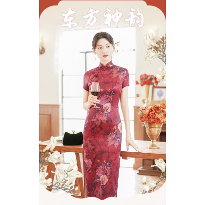 Suzhou Polyester Satin Maroon Vintage Maxi Cheongsam 1046-29