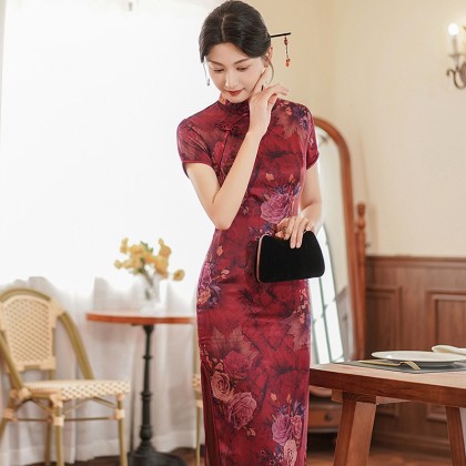Suzhou Polyester Satin Maroon Vintage Maxi Cheongsam 1046-29