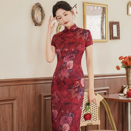 Suzhou Polyester Satin Maroon Vintage Maxi Cheongsam 1046-29