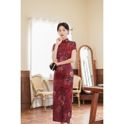 Suzhou Polyester Satin Maroon Vintage Maxi Cheongsam 1046-29