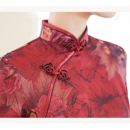 Suzhou Polyester Satin Maroon Vintage Maxi Cheongsam 1046-29