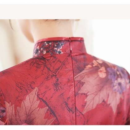 Suzhou Polyester Satin Maroon Vintage Maxi Cheongsam 1046-29