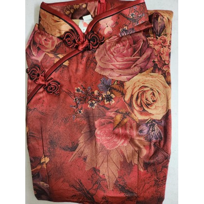 Suzhou Polyester Satin Maroon Vintage Maxi Cheongsam 1046-29