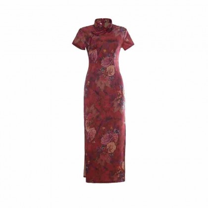 Suzhou Polyester Satin Maroon Vintage Maxi Cheongsam 1046-29