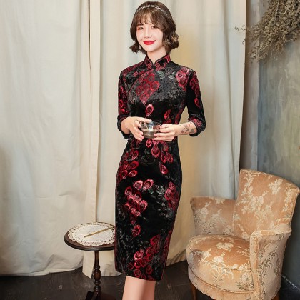 Oriental Beauty Plush Velvet Black Red Midi Cheongsam 1316-98