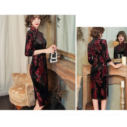 Oriental Beauty Plush Velvet Black Red Midi Cheongsam 1316-98