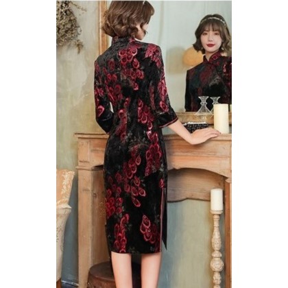 Oriental Beauty Plush Velvet Black Red Midi Cheongsam 1316-98