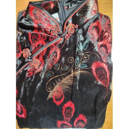 Oriental Beauty Plush Velvet Black Red Midi Cheongsam 1316-98