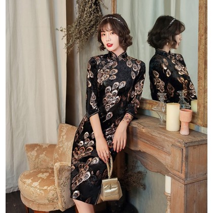 Oriental Beauty Plush Velvet Black Midi Cheongsam 1316-99