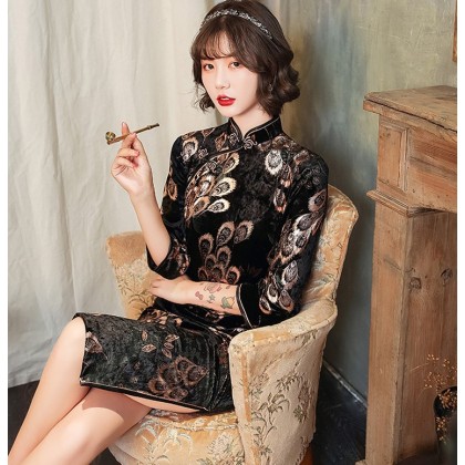 Oriental Beauty Plush Velvet Black Midi Cheongsam 1316-99