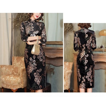 Oriental Beauty Plush Velvet Black Midi Cheongsam 1316-99