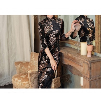Oriental Beauty Plush Velvet Black Midi Cheongsam 1316-99
