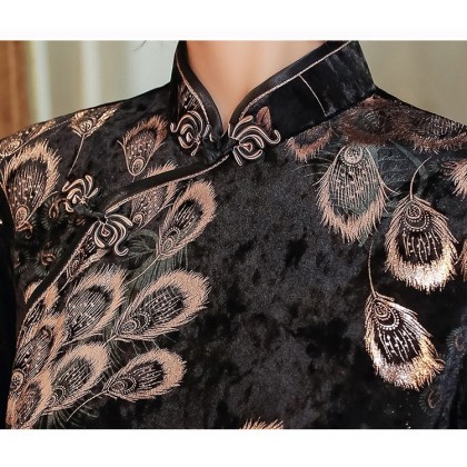 Oriental Beauty Plush Velvet Black Midi Cheongsam 1316-99
